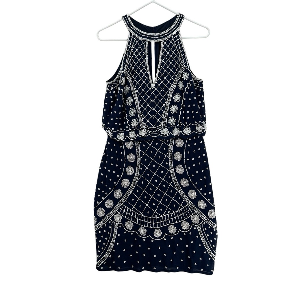 Gianni Bini Renee Dress Womens Size 6 Full Beaded Navy White Party Cocktail NEW